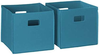 RiverRidge Folding Storage Bins - 2-pack of 10in Tall Turquoise Cubes | Fabric Bins, Set of 2 Storage Cubes, Cut-out Handles, Playroom Closet Organizer, Collapsible Cubby with Bottom Board Insert