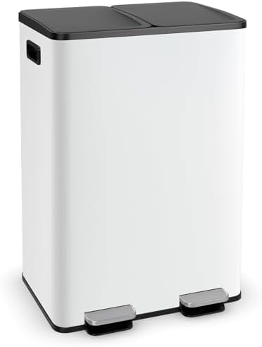 Goplus 16 Gallon/ (2x30L) Stainless Steel Trash Can, Kitchen Trash Bin w/Dual Removable Inner Buckets, Soft Closure & Step-on Pedal, Deodorizer Compartment, Garbage Bin for Recycling, White