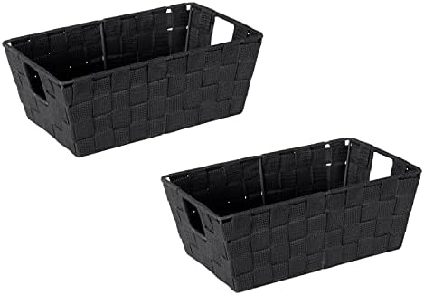 Simplify Small Shelf Woven Strap Tote | Decorative Storage Basket | Built in Handles | Organization | Closet | Bedroom | Bathroom | Nursery | Accessories | Toys | Gifts | 2 Pack | Black