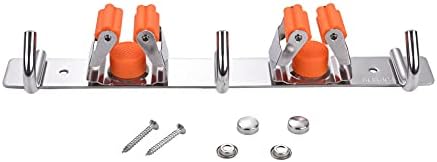 Dual Mop Broom Holder Stainless Steel Wall Mounted Organizer Storage Rack Hanger with 3 Hooks