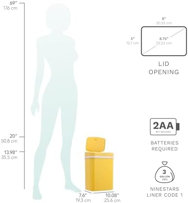 Touchless Motion Sensor Trash Can with Lid, Automatic Infrared Garbage Bin, Narrow Rectangular Bathroom Kitchen Bedroom Office Waste Basket, Soft Close Quiet Seal, Removable Inner Ring (Yellow)