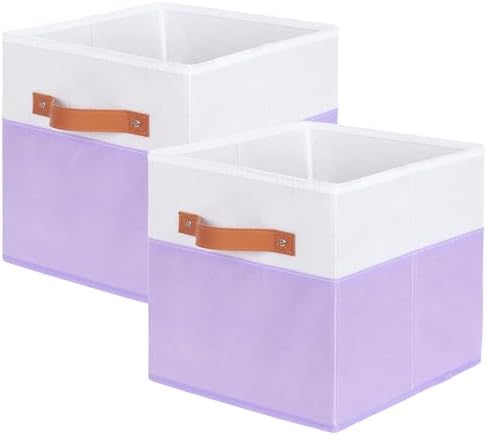 ShellKingdom Storage Bins, Two-Tone Foldable Fabric Storage Cubes with Leather Handle for Closet Toys Clothes Storage Organizer Drawer, 10.5 X 10.5 X 11 inch, 2 Pack (White/Lavender)