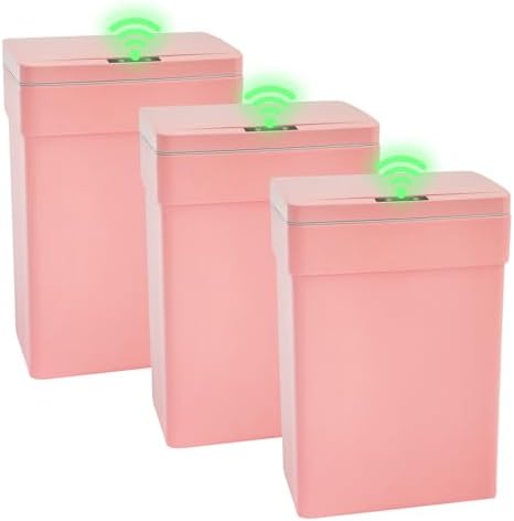 PayLessHere | 13 Gallon Plastic Trash Can with Lid | Pink | Automatic Touchless Garbage Can | Waterproof & Easy to Clean | For Kitchen, Bathroom, Home or Office | Pack of 3