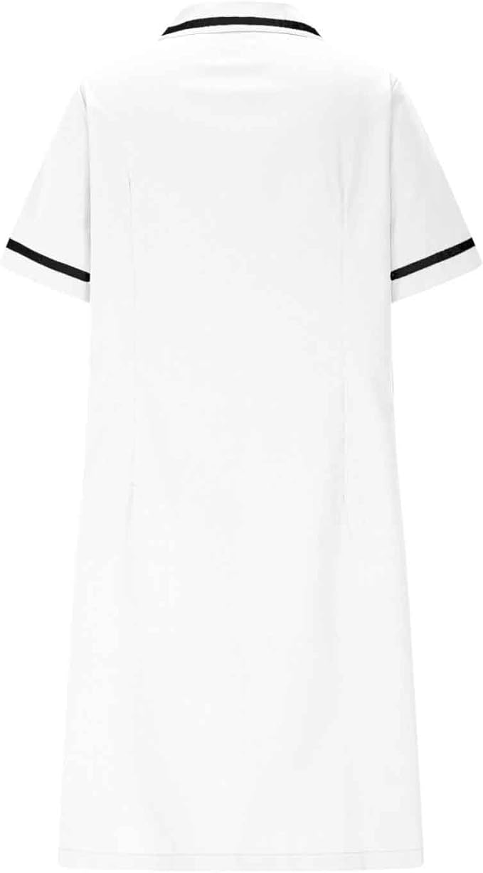 Women's Short Sleeve Work Dress Lapel Button Front Nursing Workwear Casual Housekeeping Scrubs Dress with Pockets