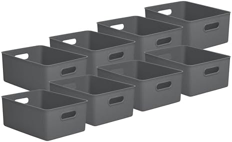 Superio Decorative Plastic Basket Open Home Storage Bins Organizer Baskets,Large Grey (8 Pack) Container Boxes for Organizing Closet Storage Bins for Shelves Drawer Shelf, 15 Liter