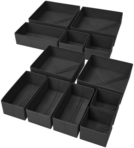 DIMJ Clothes Drawer Organizer, 12 Packs, Foldable Underwear Organizer for Baby Clothes, Tie, Bra, Sock (Black)