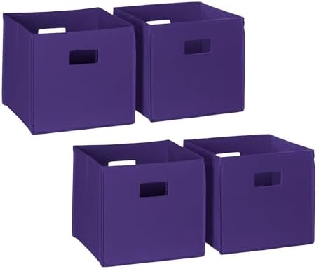 RiverRidge Folding Storage Bins - 4-pack of 10in Tall Dark Purple Cubes | Fabric Bins, Set of 4 Storage Cubes, Cut-out Handles, Playroom Closet Organizer, Collapsible Cubby with Bottom Board Insert
