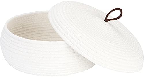 Sea Team Round Woven Cotton Rope Storage Basket with Lid, White | Lidded Knitted Decorative Storage Bin, Pot, Caddy, Organizer, Container for Snacks, Towels, Plants, 13 x 5.5 Inches