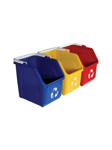 Multi Bin 6 Gallon Stackable Recycle Bins, Trash Can Kitchen Recycling Set | Recycling containers stackable design that saves floor space, while open-front bins with ergonomic handles ensure quick