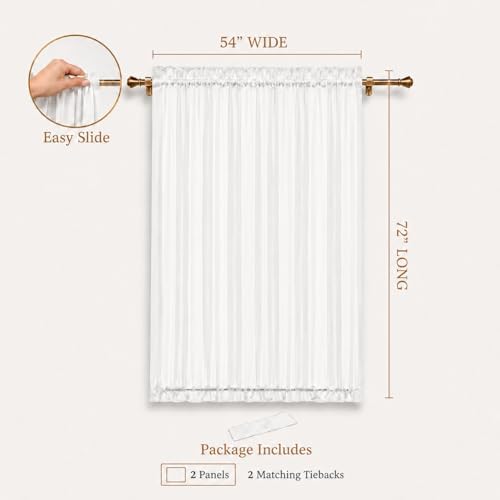Aquazolax French Door Sheer Curtains Set of 2, Large 54x72 Inch Rod Pocket Sheer French/Patio Door Window Curtain with Tiebacks for Doors with Glass - Satin White