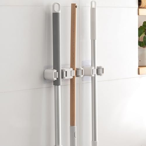Broom Holder Wall Mount Self Adhesive, No-Drill Mop Grip Single Clip | Thick silicone loops stop slipping & scratching on mops, brooms, umbrellas.(Single clip)