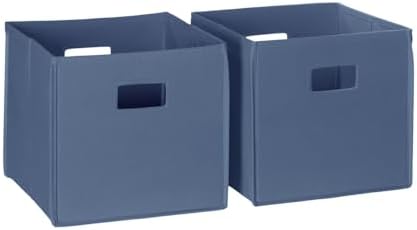 RiverRidge Folding Storage Bins - 2-pack of 10in Tall Slate Blue Cubes | Fabric Bins, Set of 2 Storage Cubes, Cut-out Handles, Playroom Closet Organizer, Collapsible Cubby with Bottom Board Insert