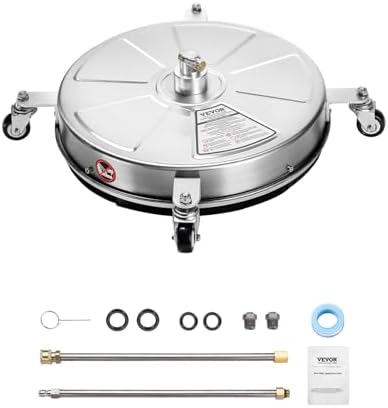 VEVOR 18 Inch Pressure Washer Surface Cleaner, 4000 PSI Stainless Steel Attachment with 4 Wheels, 2 Nozzles, 1/4 Inch Quick Connect and 2 Wands for Concrete, Patio, Deck