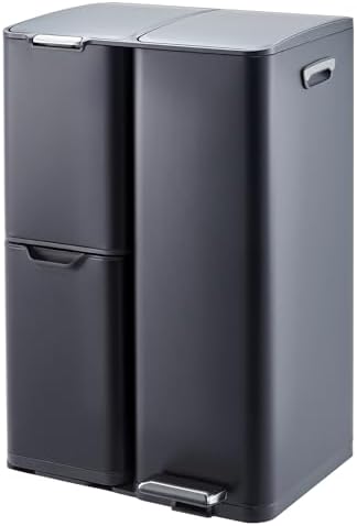 Triple Compartment Recycling & Trash Bin - 16 Gallon Stainless Steel for Kitchen or Office - Removable Buckets, Lid, Collapsible Foot Pedal - Large Capacity - Black