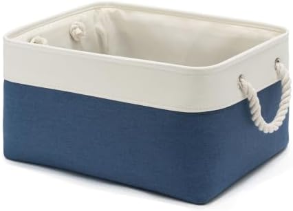 15.7x11.8x8.26 Inch Fabric Large Storage Bins with Handles 1 Pack | Foldable, Sturdy Metal Strand, Cardboard Support Molding, Fabric Storage Baskets for Shelves, Closet, Bedroom, White/Blue