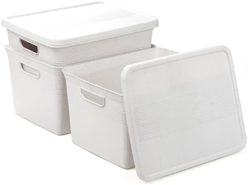 BINO | Plastic Storage Bins with Lids, 22 Liter - 3 Pack, White | THE BRAIDED COLLECTION | Plastic Bins for Organization Woven Storage Baskets for Organizing Pantry Shelf Organizer Basket Bin