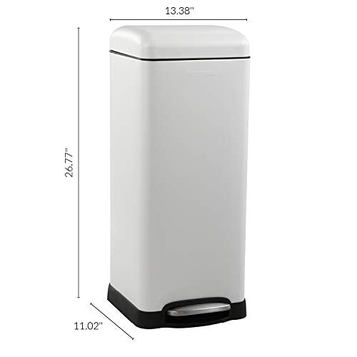 happimess Betty 8 Gal Step Trash Can Soft-Close Lid, Cotton White | Fingerprint Resistant, Removable Liner, Semi-Rectangular, Steel Pedal, Iron Powder Coated, 27" Height, Non-Skid Base
