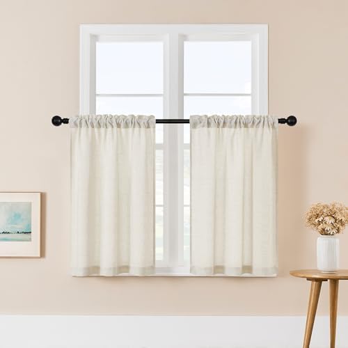 Kitchen Curtains 36 Inch Length 2 Panels Cafe Bathroom Short Window | Linen, Semi Sheer Light Filtering Curtain, for Laundry RV, Farmhouse Natural Drapes, Rod Pocket, 36 Inches Long, W25xL36