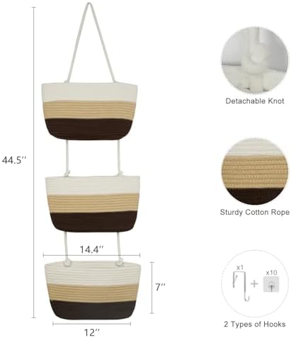 TeoKJ Over the Door Hanging Basket, 3-Tier Woven Cotton Wall-Mounted Storage Organizer Bag Decorative Hanging Nursery Baskets，Gradient Brown
