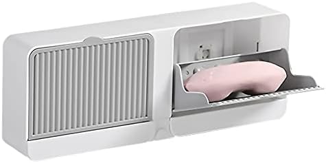 [Dual-Room] Dust-Proof Soap Holder for Shower Wall, Adhesive Wall-Mounted Bar Soap Dish, No-Drill Plastic Soap Saver with Drain, xicveiuz White-Grey
