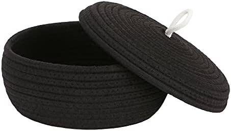 Sea Team Round Woven Cotton Rope Storage Basket with Lid, Black | Lidded Knitted Decorative Storage Bin, Pot, Caddy, Organizer, Container for Snacks, Towels, Plants, 10 x 4.5 Inches