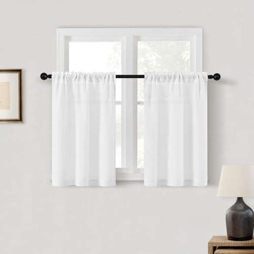 Short Linen Curtains 24 Inches Length for Kitchen Bathroom 2 Panels | Dual Rod Pocket, Privacy Semi Sheer Window Drapes, Light Filtering, White, Small Curtains, for Camper RV Cafe, W25xL24