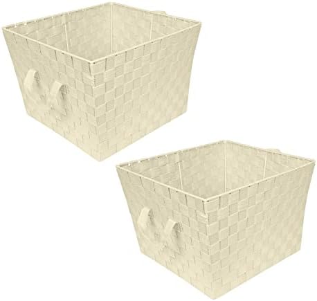 Simplify Large Woven Strap Tote | Decorative Storage Basket | 2 Handles | Organization | Closet | Bedroom | Bathroom | Nursery | Accessories | Toys | Gifts | 2 Pack | Ivory
