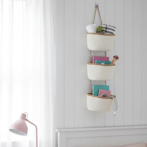 TeoKJ Over the Door Hanging Basket, 3-Tier Woven Cotton Wall-Mounted Storage Organizer Bag Decorative Hanging Nursery Baskets, White & Dark Brown