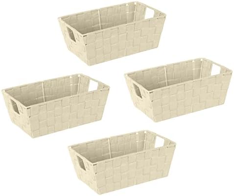 Simplify Small Shelf Woven Strap Tote | Decorative Storage Basket | Built in Handles | Organization | Closet | Bedroom | Bathroom | Nursery | Accessories | Toys | Gifts | 4 Pack | Ivory