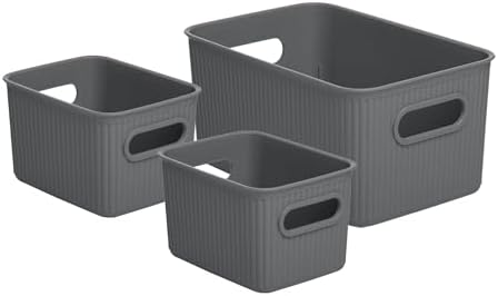 Superio Decorative Plastic Basket Open Home Storage Bins Organizer, Grey (Set of 3) 1 Medium, 2 Small - Container Boxes for Organizing Closet Storage Bins for Shelves Drawer Shelf - Ribbed Collection