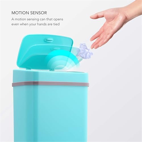 Touchless Motion Sensor Trash Can with Lid, Automatic Infrared Garbage Bin, Narrow Rectangular Bathroom Kitchen Bedroom Office Waste Basket, Soft Close Quiet Seal, Removable Inner Ring (Turquoise)