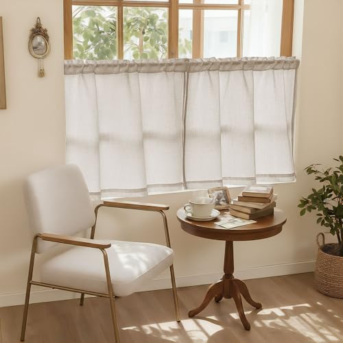 40 Inch Short Linen Curtains 2 Panels Rod Pocket for Small Window | Bedroom Living Room, Light Coffee Tan Beige, Front Door Curtain, Rustic, Semi Sheer Privacy, Basement Drapes, W34xL40