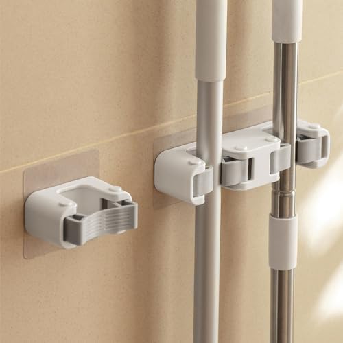 Broom Holder Wall Mount Self Adhesive, No-Drill Mop Grip Organizer for Home | Thick silicone loops stop slipping & scratching on mops, brooms, umbrellas.(Single+double)