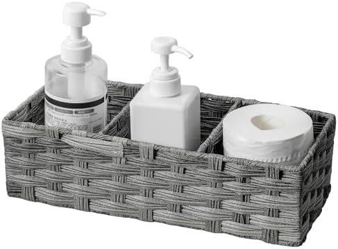Toilet Tank Topper Paper Basket Multiuse Hand Woven Plastic Wicker Basket Bins with Divider for Shelves Rustic Farmhouse Bathroom Decor Countertop Organizer Storage