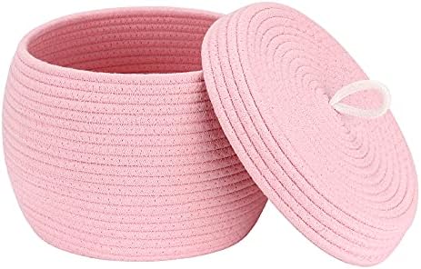 Sea Team Round Woven Cotton Rope Storage Basket with Lid, Pink | Lidded Knitted Decorative Storage Bin, Pot, Caddy, Organizer, Container for Snacks, Towels, Plants, 10 x 7.5 Inches