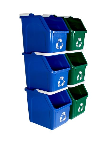 Multi Bin 6 Gallon Stackable Recycle Bins, Trash Can Kitchen Recycling Set | Recycling containers stackable design that saves floor space, while open-front bins with ergonomic handles ensure quick