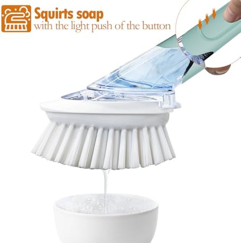 RIMAY Dish Brush Set with Soap Dispenser, 2 Refills and Storage Holder | Soap Dispensing Dish Brush dish scrubber with handle for Cleaning Dishes, Pans, Sink, Pots, Blue
