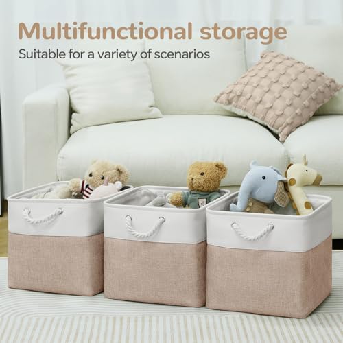 12x12 Inch Foldable Fabric Cube Storage Bins with Handles 4 Pack | Sturdy Metal Strand, Cardboard Support Molding, Storage Basket, Cube Storage Bin for Shelves, Closet, Bedroom, White/Khaki