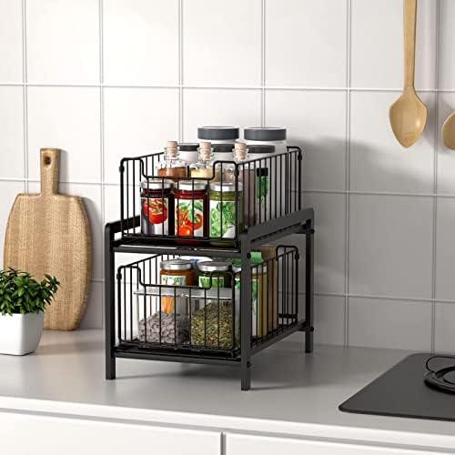 NPPLUS 2 Tier Black Under Sink Organzier With Sliding Drawer | Iron Under Sink Cabinet Organizers Pull Out Home Storage For Bathroom Kitchen Desktop