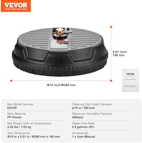 VEVOR 15 Inch Pressure Washer Surface Cleaner, 4000 PSI Universal Power Washer Accessory with 1/4 Inch Quick Connect, Heavy Duty Concrete Cleaner for Driveway, Patio, Floor and Sidewalk