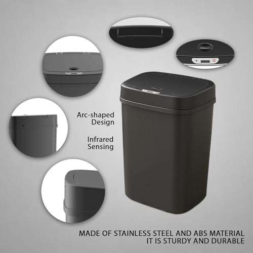 Touchless Motion Sensor Trash Can with Lid, Automatic Infrared Garbage Bin, Narrow Rectangular Bathroom Kitchen Bedroom Office Waste Basket, Soft Close Quiet Seal, Removable Inner Ring (Black)