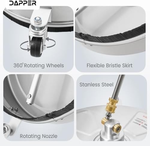 Dapper Supply 15 in. Pressure Washer Surface Cleaner in Stainless Steel w/Wheels, 4000 Max PSI, 3/8" Connector & 2 Extension Wands. Ideal for Driveways, Sidewalks, Patios, Decks