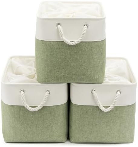 16x12x12 In Foldable Fabric Large Storage Bins with Handle 3 Pack | Storage Basket with Draw String Top, Sturdy Metal Strand, Cardboard Support Molding, for Shelf, Closet, Bedroom, White/Green