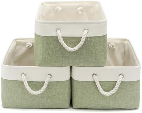 15.7x11.8x8.26 Inch Fabric Large Storage Bins with Handles 3 Pack | Foldable, Sturdy Metal Strand, Cardboard Support Molding, Fabric Storage Baskets for Shelves, Closet, Bedroom, White/Green