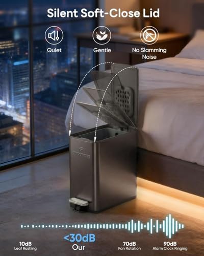 6L/1.6G Slim Bathroom Trash Can, Narrow Stainless Steel Soft-Close Pedal Bin with Lid, Odor-free Carbon Box, Removable Inner Bucket, Modern Metal Waste Bin for Bedroom, Office (Titanium Gray)
