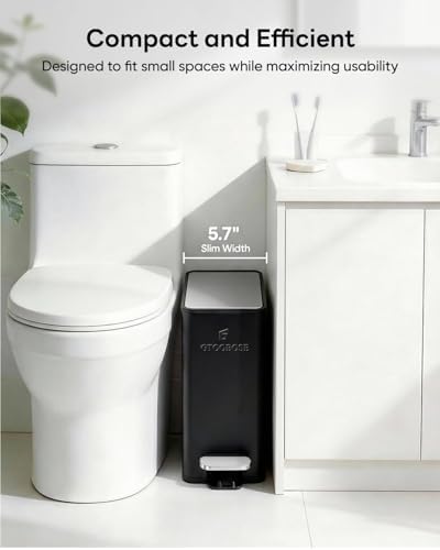 6L/1.6G Slim Bathroom Trash Can, Narrow Stainless Steel Soft-Close Step Pedal Bin with Lid, Odor -free Carbon Box, Removable Inner Bucket, Matte Small Waste Bin for Bedroom, Office, RV(Black)