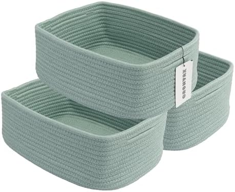 XUANGUO Small Woven Storage Baskets for Shelves, 12" x 8" x 5", Green | Decorative rope storage bins for closets and toy storage; cute organizer baskets, empty gift baskets and nursery storage.