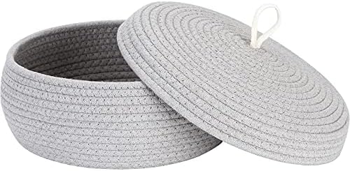 Sea Team Round Woven Cotton Rope Storage Basket with Lid, Gray | Lidded Knitted Decorative Storage Bin, Pot, Caddy, Organizer, Container for Snacks, Towels, Plants, 13 x 5.5 Inches
