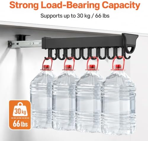 Sliding Broom Storage Rack, Shelf Broom Pull Out with 20 Removable Hooks | 66 lbs Broom Organizer stand for Home Laundry Wardrobe Kitchen Garage Cupboard