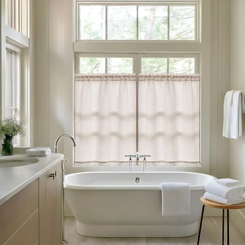 48 Inch Linen Small Window Curtains 2 Panels Privacy Semi Sheer | Light Filtering Drapes, for Bedroom Bathroom, Light Coffee Tan Beige, Farmhouse Rustic, Rod Pocket, Door Curtain, W34xL48